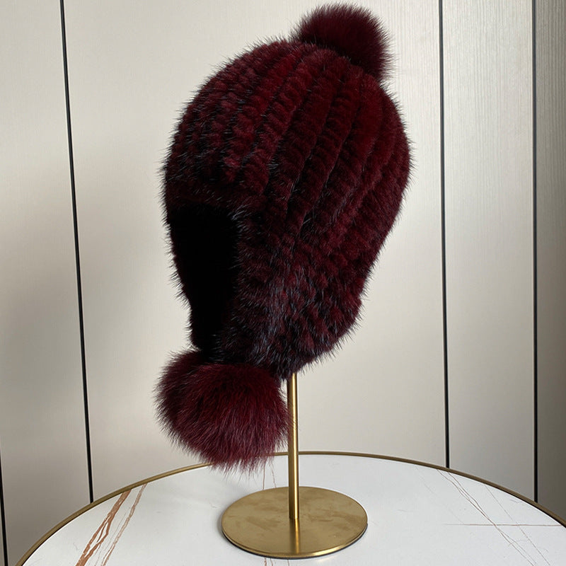 Warm Mink Fur Hat with Fox Pom Pom - Winter Luxury