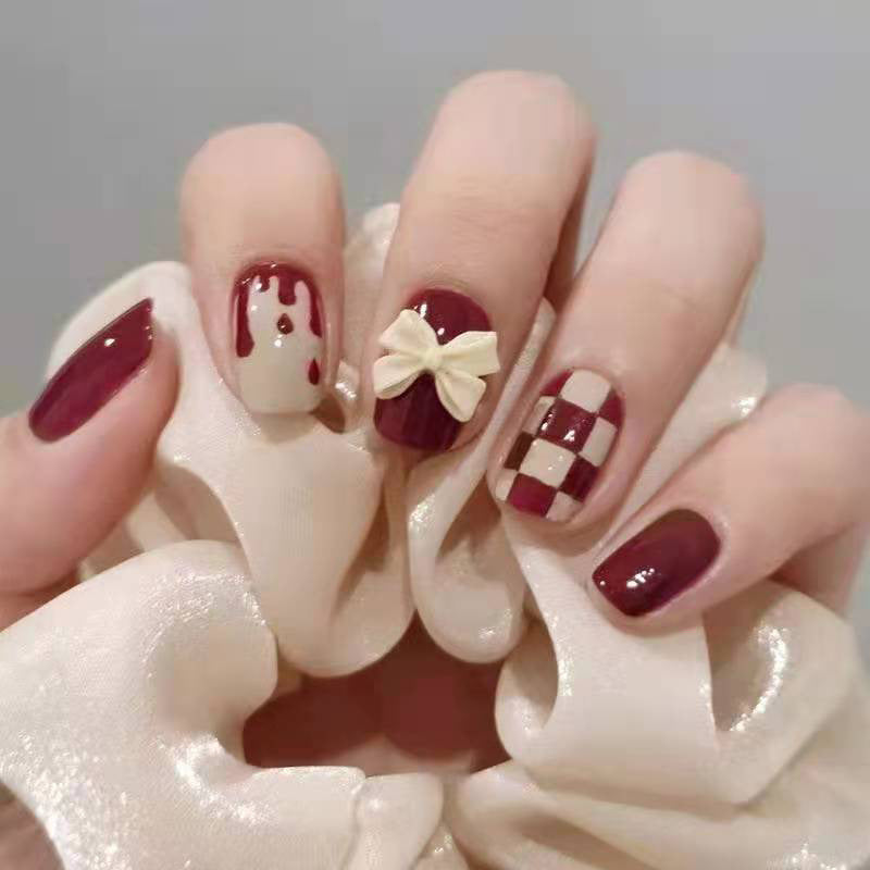 Red Bow Checkerboard Trendy Pre-Made Removable Nail Stickers