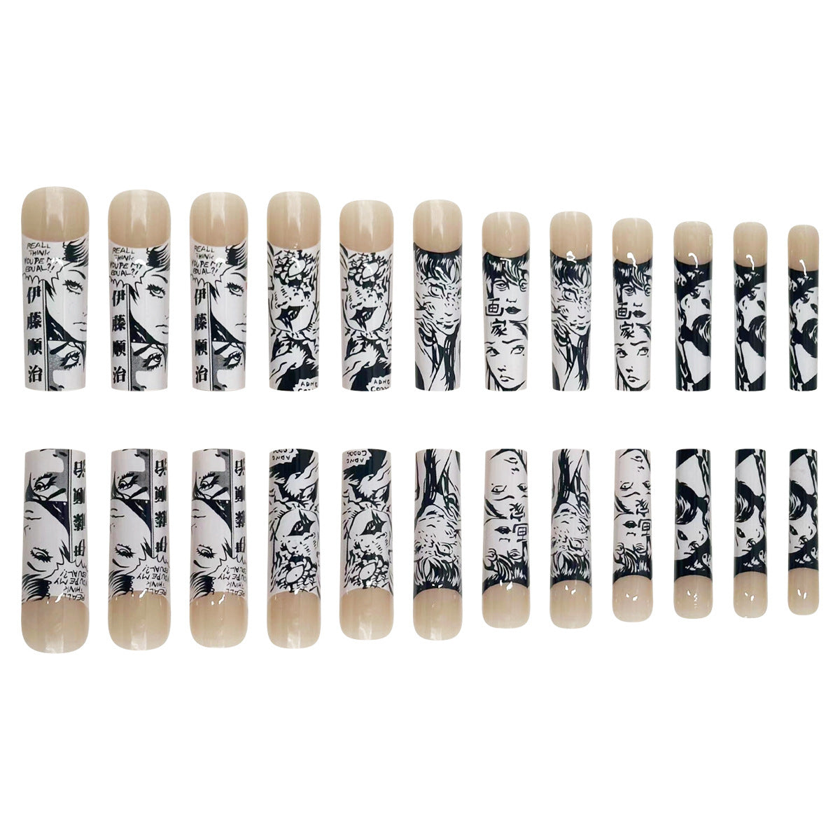 XXL Black and White Cartoon Horror French Nails