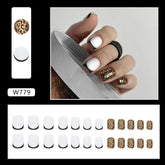 Short Black French Fall Nails - Matte Gold Foil Leopard