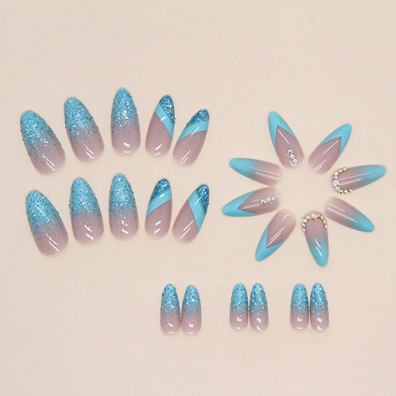 Almond Blue Glitter Nails, Shiny Powder, Sweet, Edgy, Ins Style