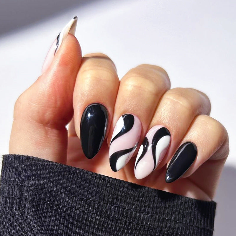 New Almond Shaped Nail Tips with Black Wave Pattern