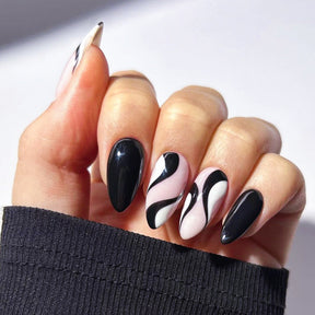 New Almond Shaped Nail Tips with Black Wave Pattern