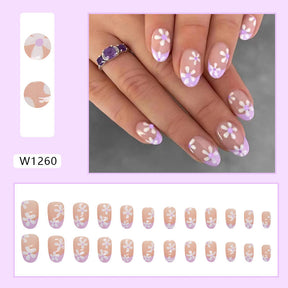 Oval Lilac French Nails, Cute Sweet Flower Design