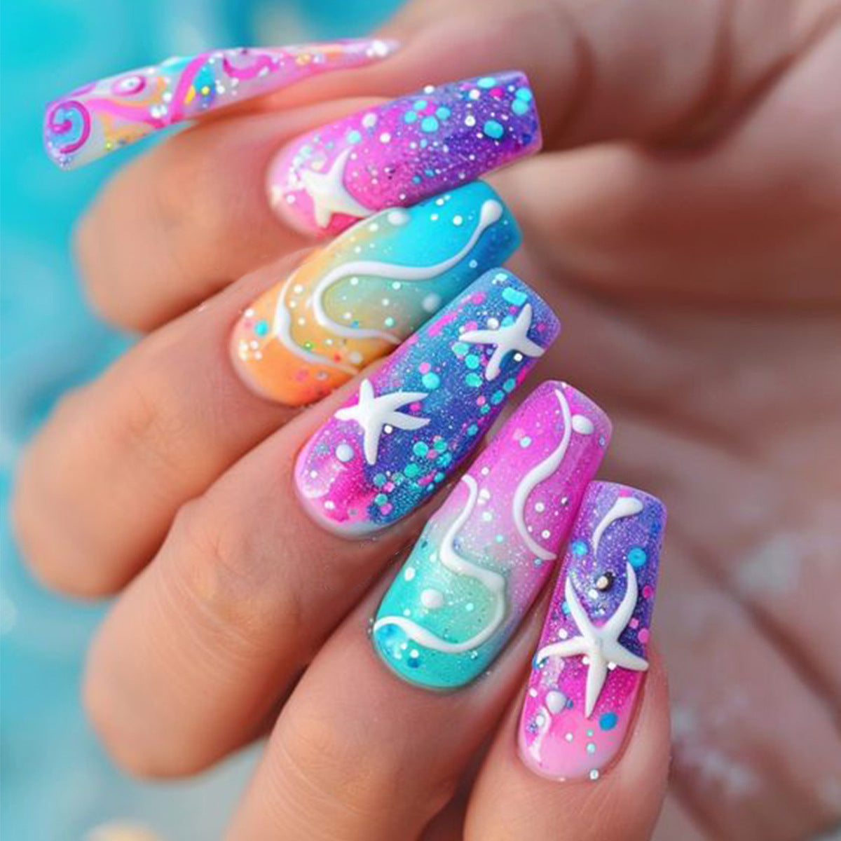 Rainbow Starfish Nail Tips