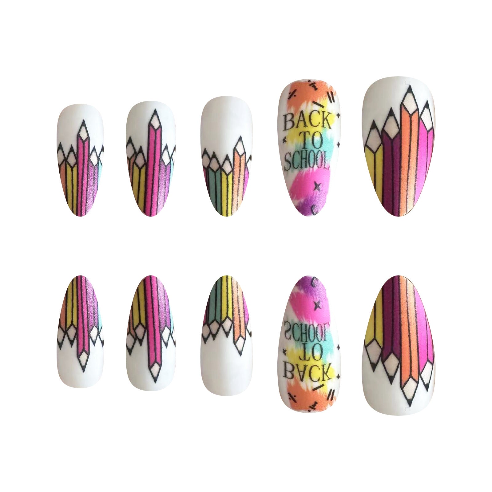 Back-to-School Medium Almond Matte Nail Tips with Crayon Designs