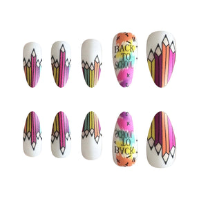 Back-to-School Medium Almond Matte Nail Tips with Crayon Designs