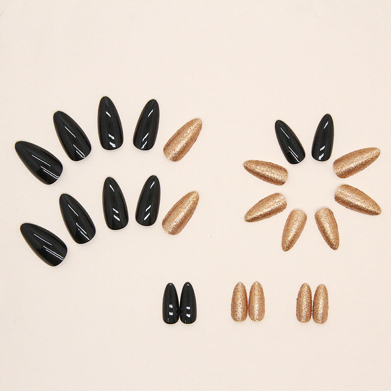 Sweet and Edgy Solid Whitening Nails, Almond Shape, Black and Gold, Ins Style