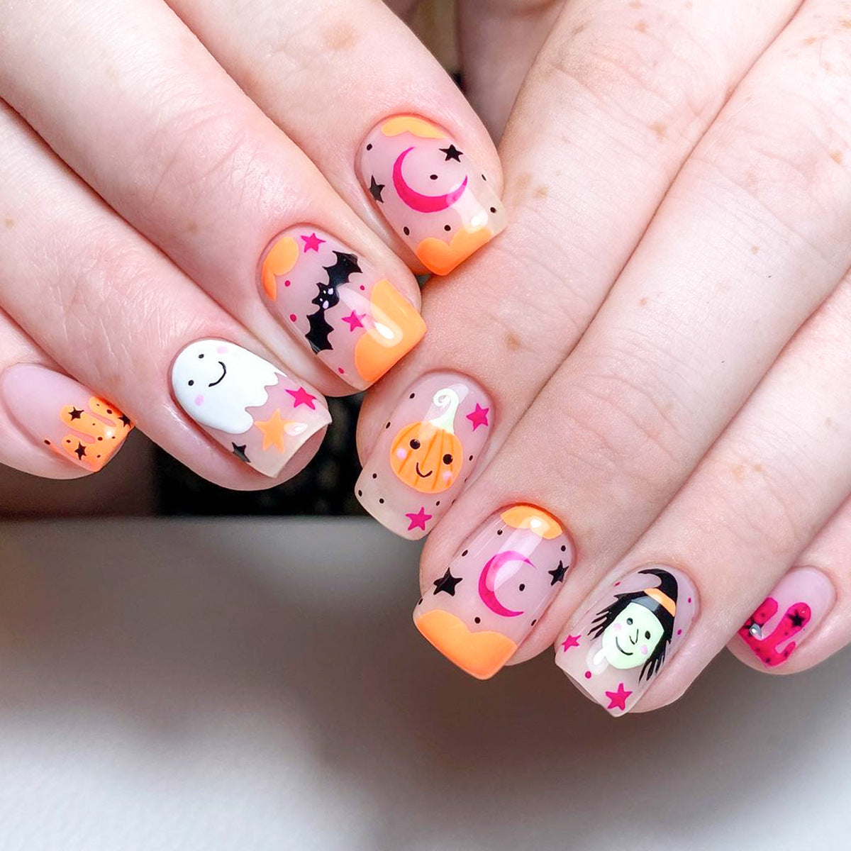 Black Bat and Pumpkin Halloween False Nails