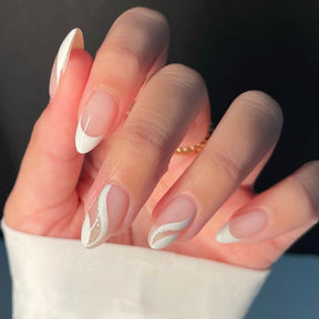 Almond Shaped Wave White Glitter French Removable Fall Nails