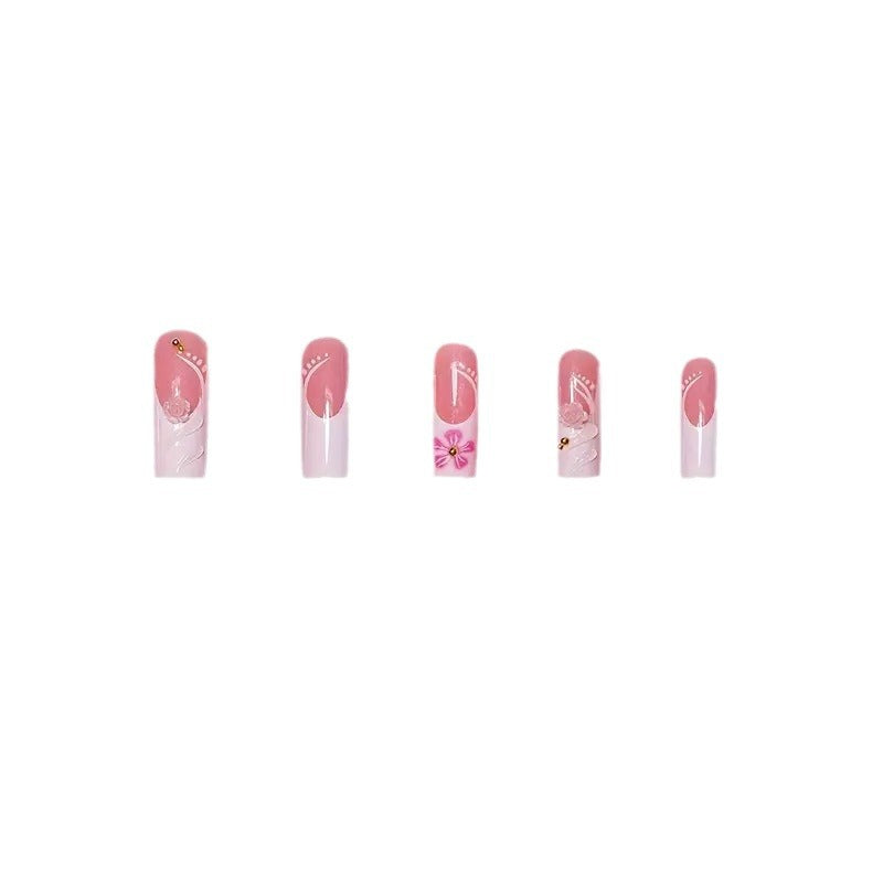 Classic White French Fake Nails with Pink Flowers