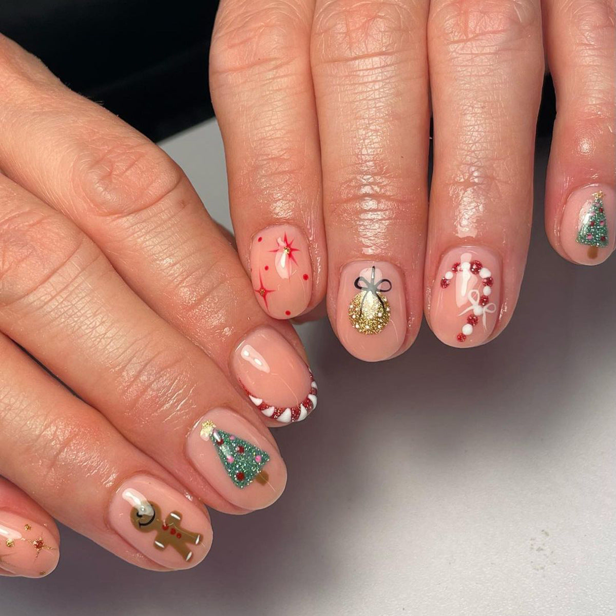 Cute Christmas Tree and Gingerbread Man Nails, Colorful Candy Cane