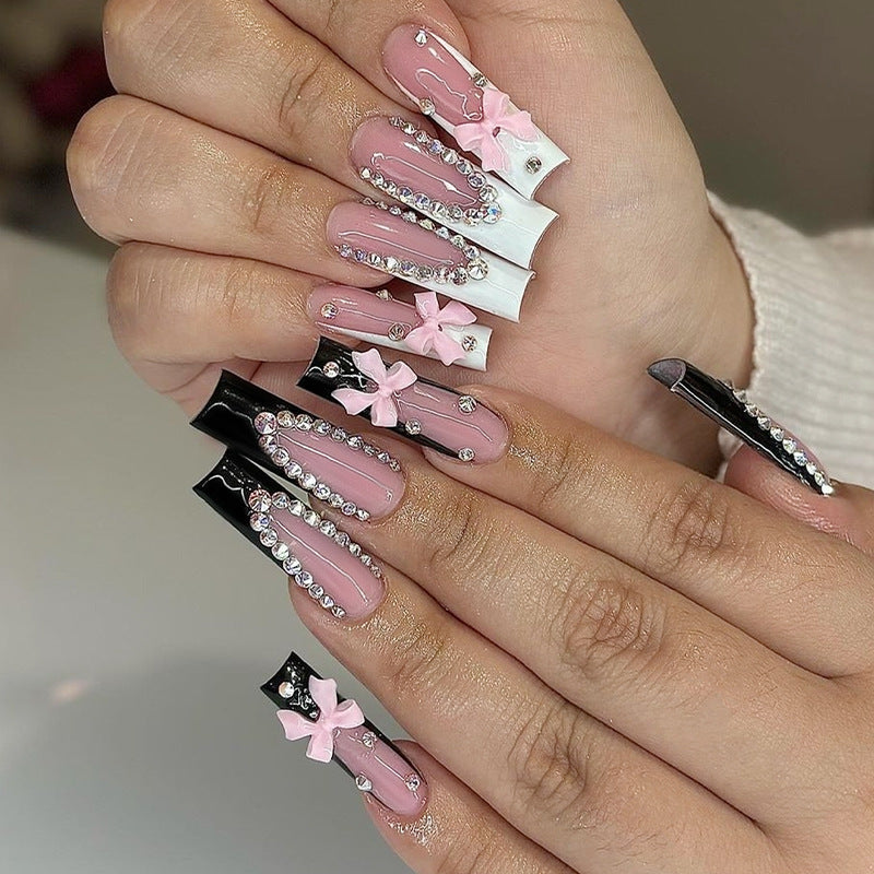 2024 New Popular Black and White Long Nails with French Tips