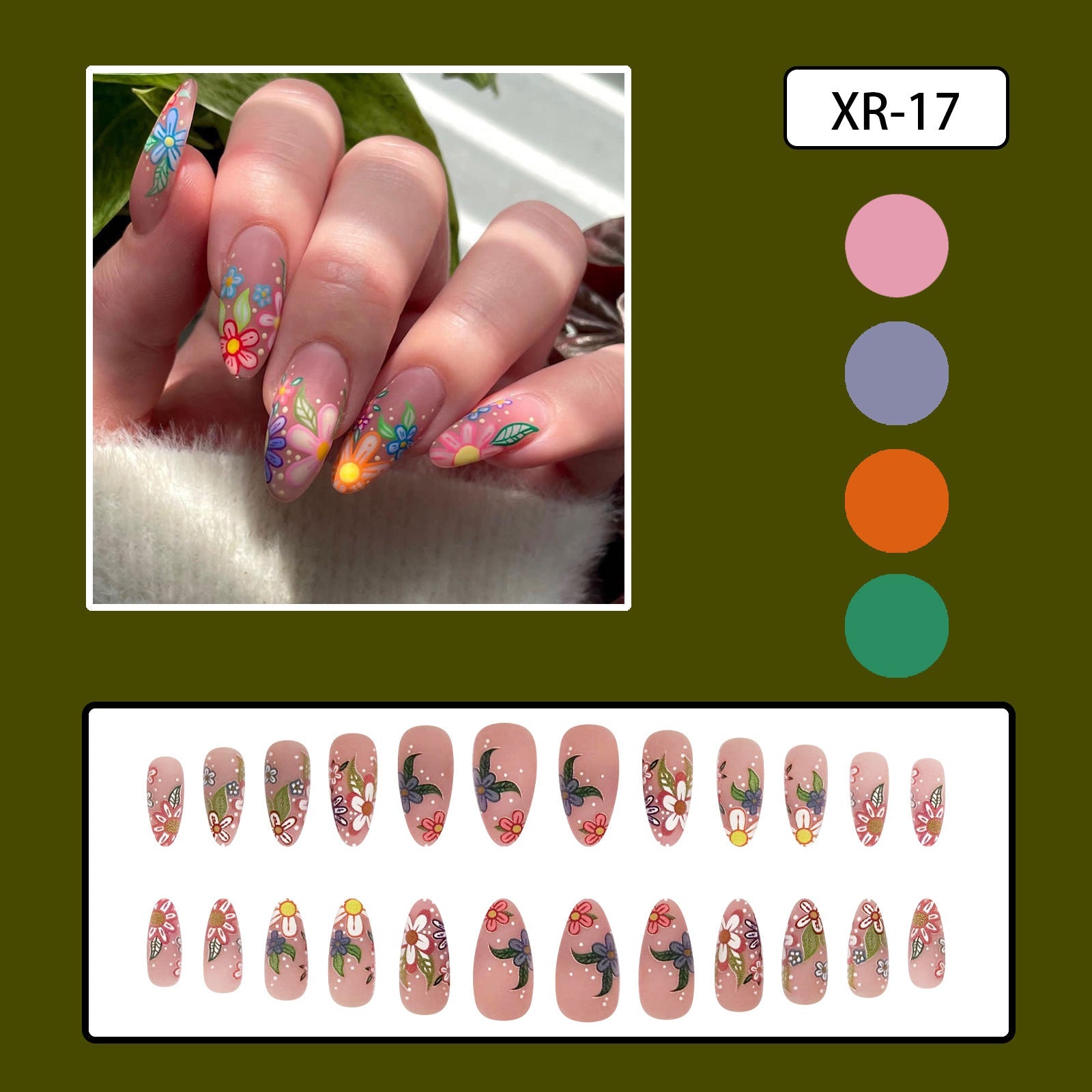 Spring Summer Floral Polka Dot Pink Matte Almond Nail Tips