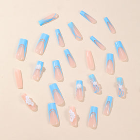 Removable Blue Gradient 3D Flower Pearl Camellia Nails