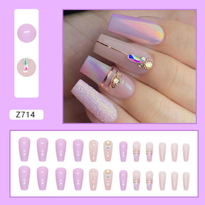 Mid-Length Ballet Nails Lilac Aurora Rhinestone Ombre Sweet Girl Ins Style Fake Nails