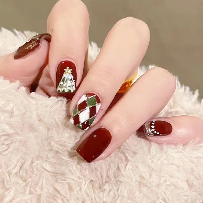 Christmas Bear Nail Tips, Winter Plaid Design