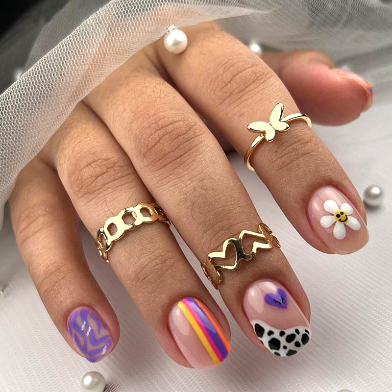 Summer Short Adorable Multicolor Striped Nails Smile Sunflower Cow Spots