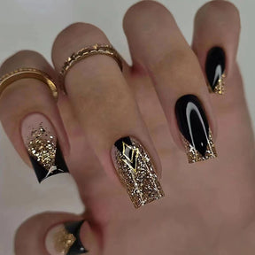 Classic Black Gold Cool Mid-Length Square Nails