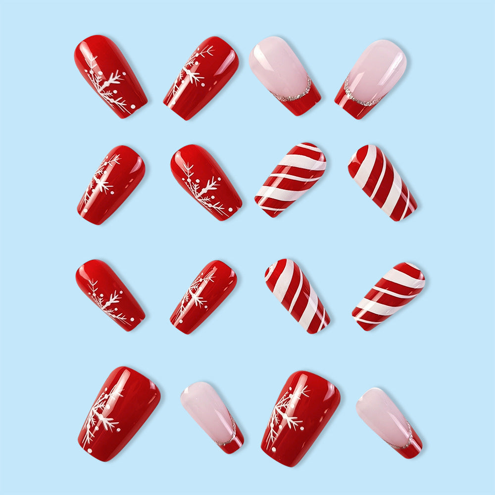 Christmas Red and White Stripe Glitter Snowflake Fall Nails - Removable Nail Tips