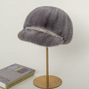 Warm Real Fur Trapper Hat with Rhinestones