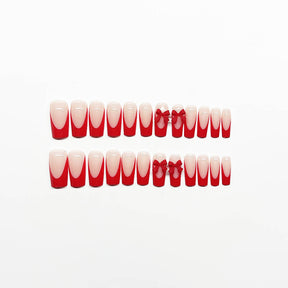 Red French Nails with 3D Bow, Removable & Stylish