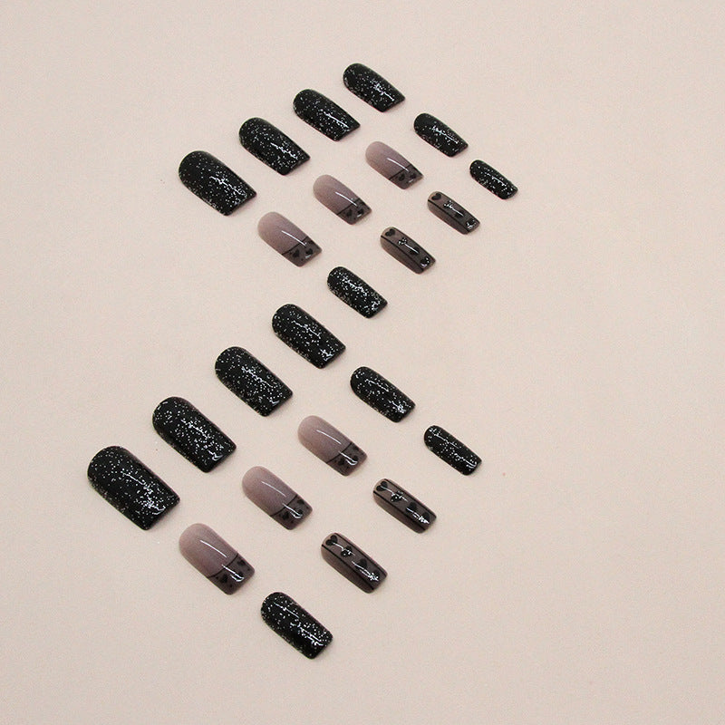 Black Starry Night Heart French Nails, Shimmering Powder