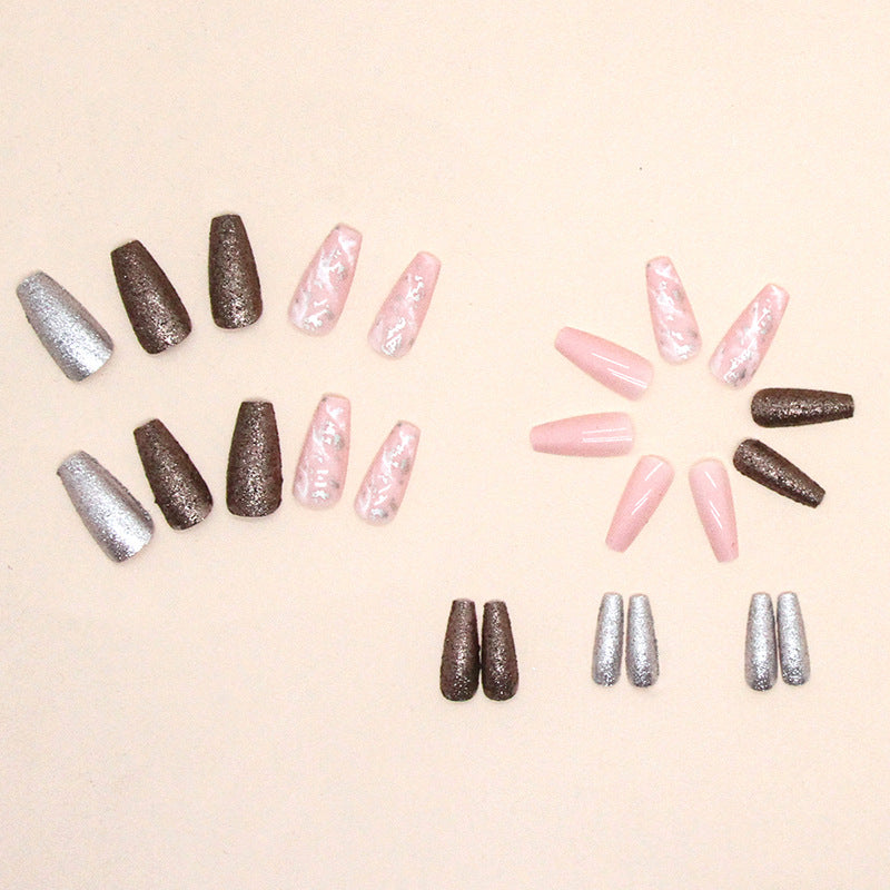 Long Flashy Champagne Ballet Marble Nails, Ins Style Wholesale