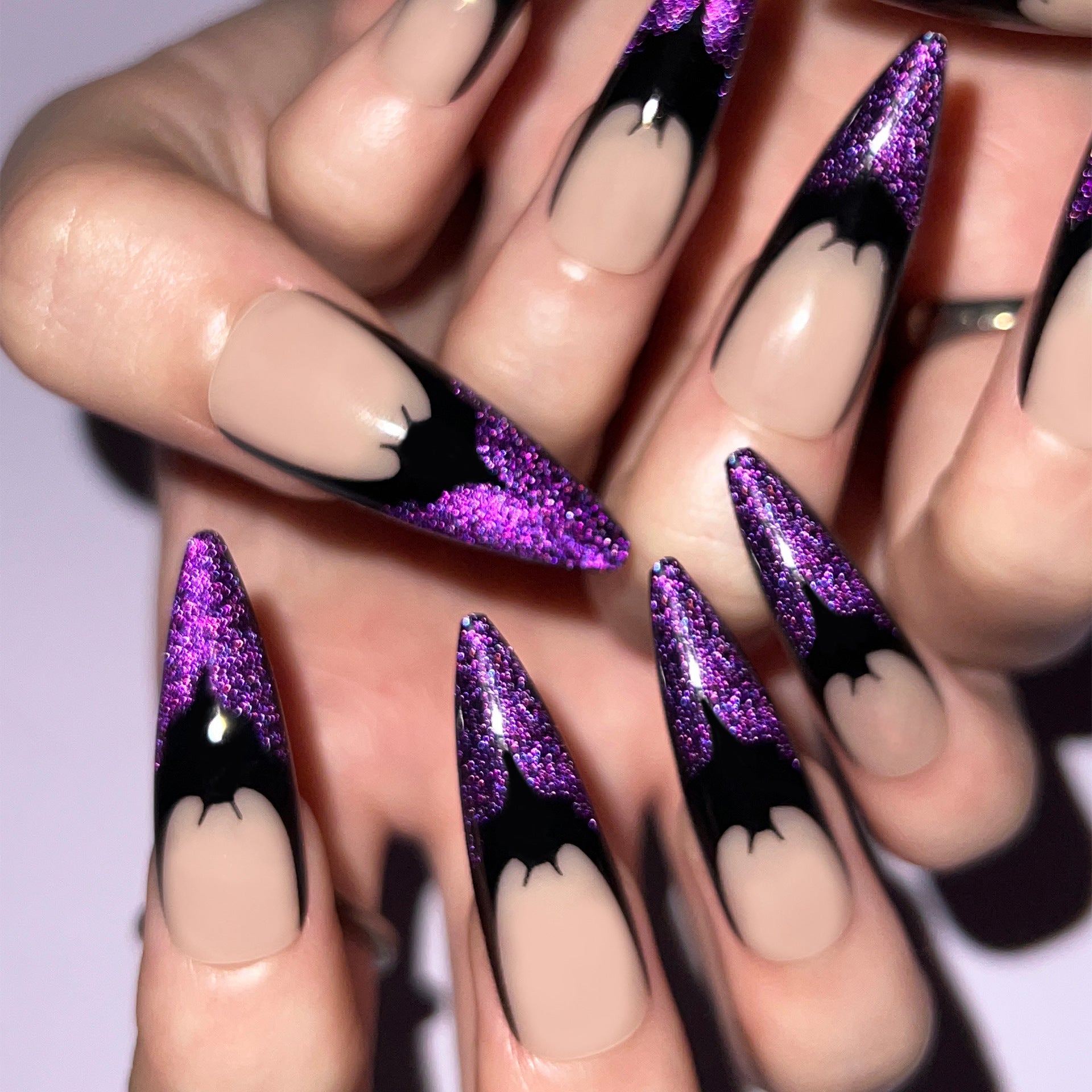 Reusable Purple French Fall Nails for Halloween Bat Theme