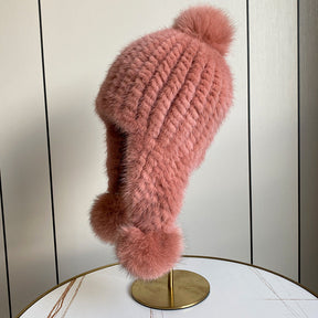 Warm Mink Fur Hat with Fox Pom Pom - Winter Luxury