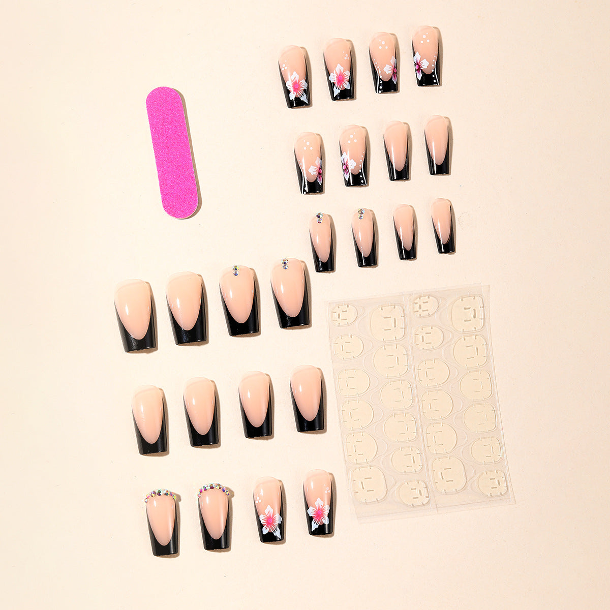 Removable Black French Print Diamond-Studded Fake Nails