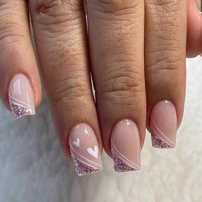24-Piece Minimalist Line Nails, European Square, Heart-Shaped, Shiny French