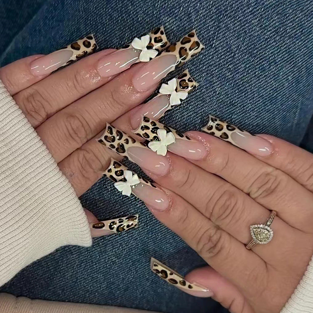 Long French Leopard Print Nail Tips with Bow