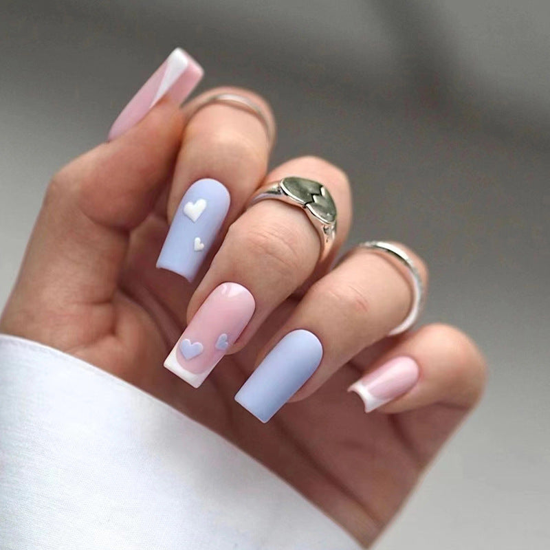 Minimalist Blue and White Heart French Nails, Matte Finish