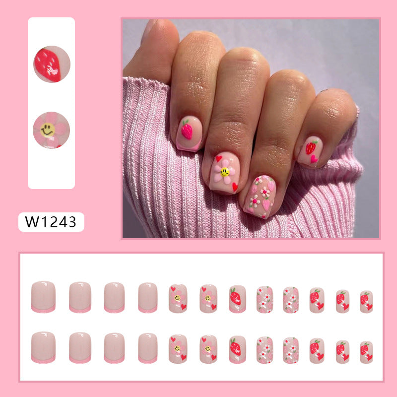 Short Pink French Nails, Cute Floral Fruit Design