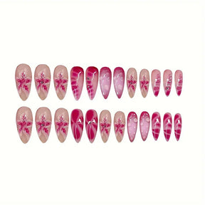 3D Deep Red Flower Pink Gradient Press-On Nails