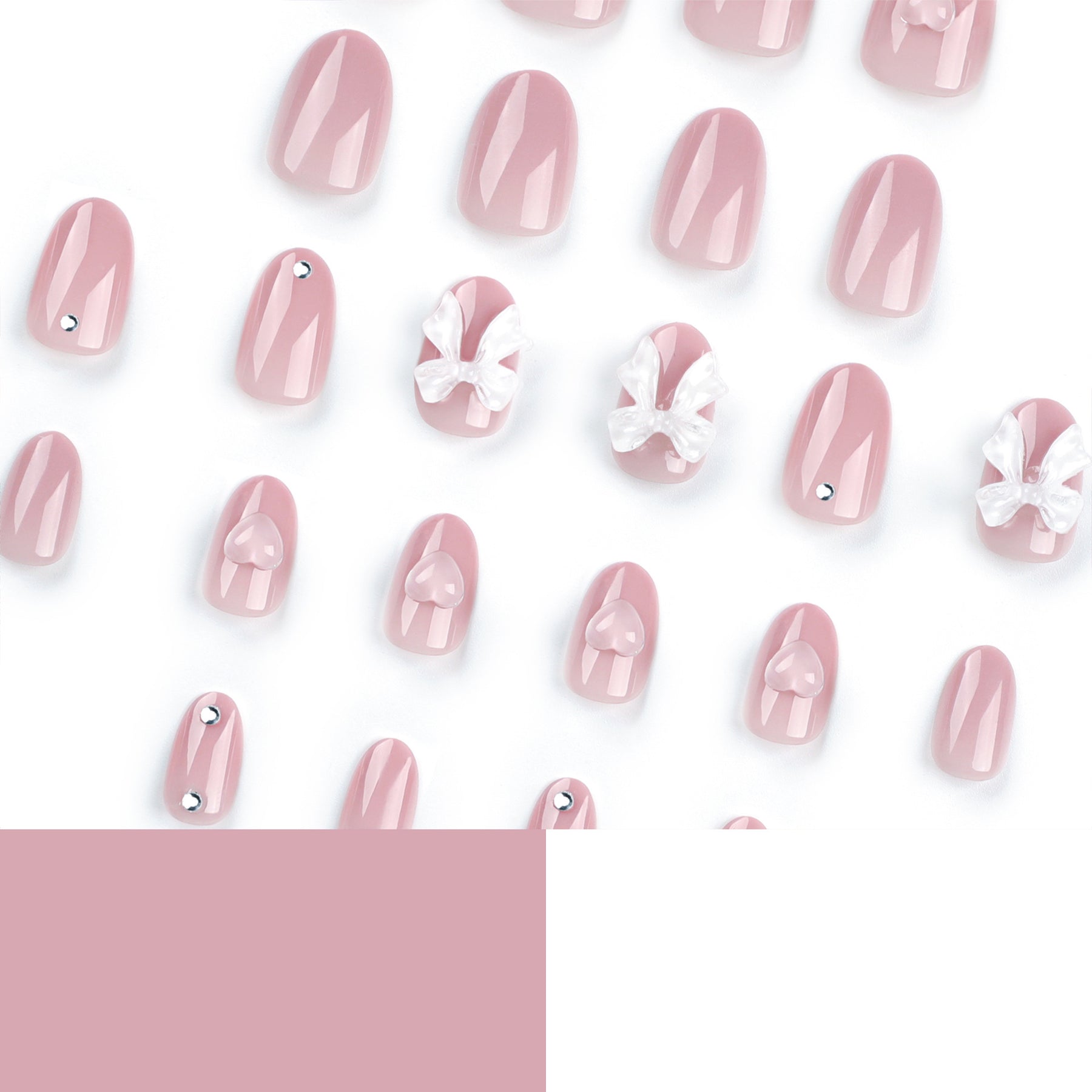 Nude Pink Nail Tips with White Bow and Heart