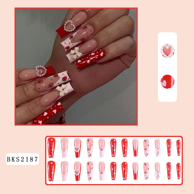 Valentine's Pink Heart Bow Strawberry Nail Tips