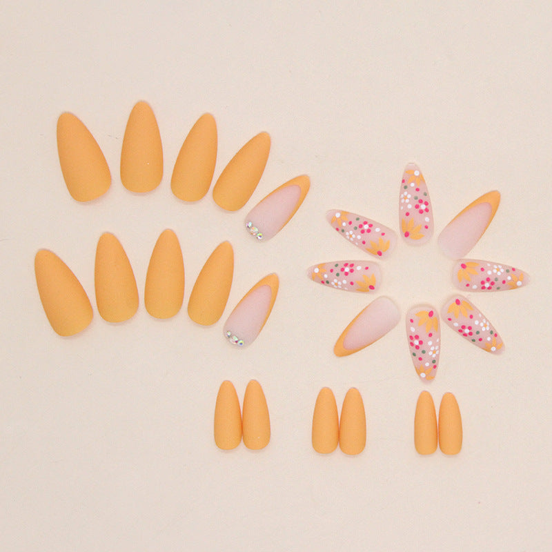 Round Almond Nails Matte Retro Flower Apricot Solid Color Wearable Nails