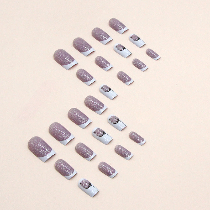 Shiny Full-Cover Square French Nail Stickers with Flower Buds