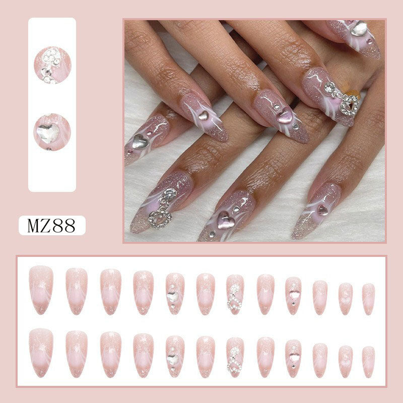 Charming Pink Gradient Heart Crystal Nail Tips - Round Almond Shape