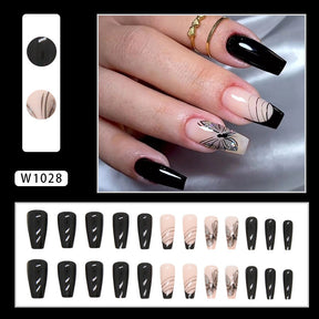 Mid-Length Solid Black Butterfly Nails, Striped and Glitter French