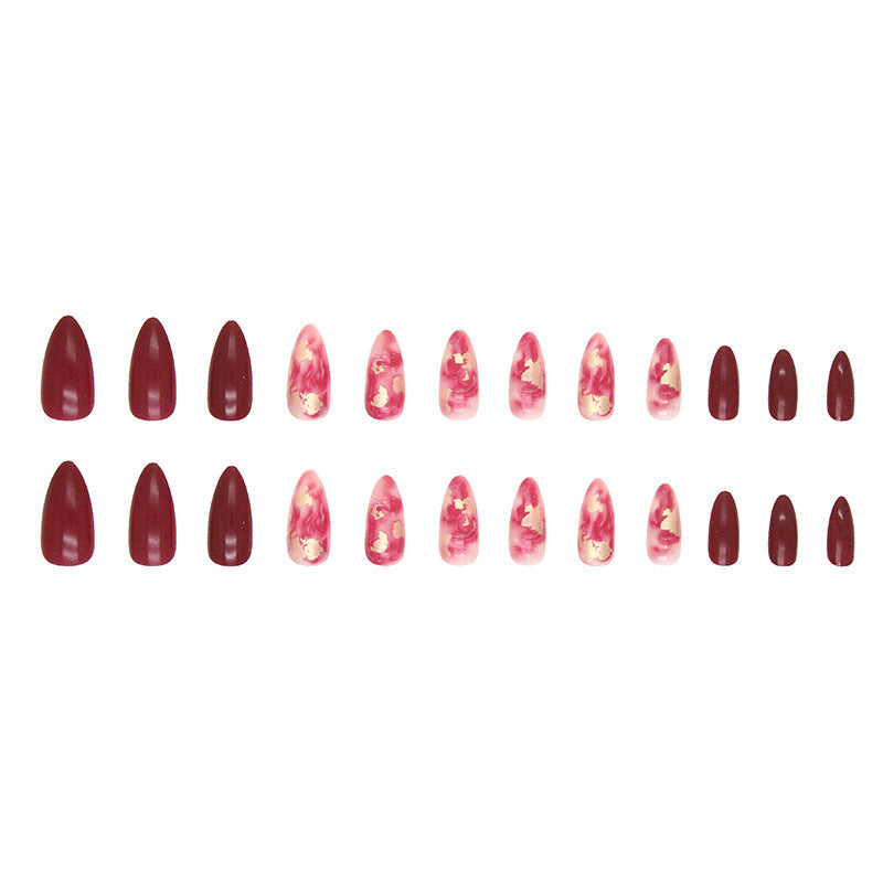 Wine Red Ombre Chinese Style Gold Foil Nails Ins Style Party Bride