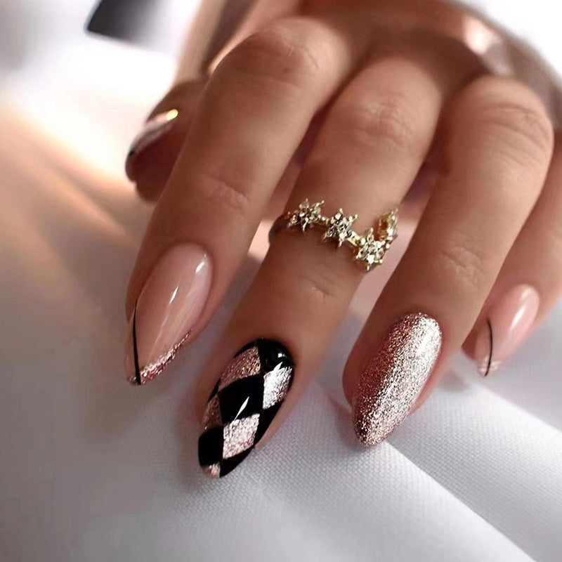 Medium Length Round Almond Nails, Flashy Diamond Pattern, Ins Style