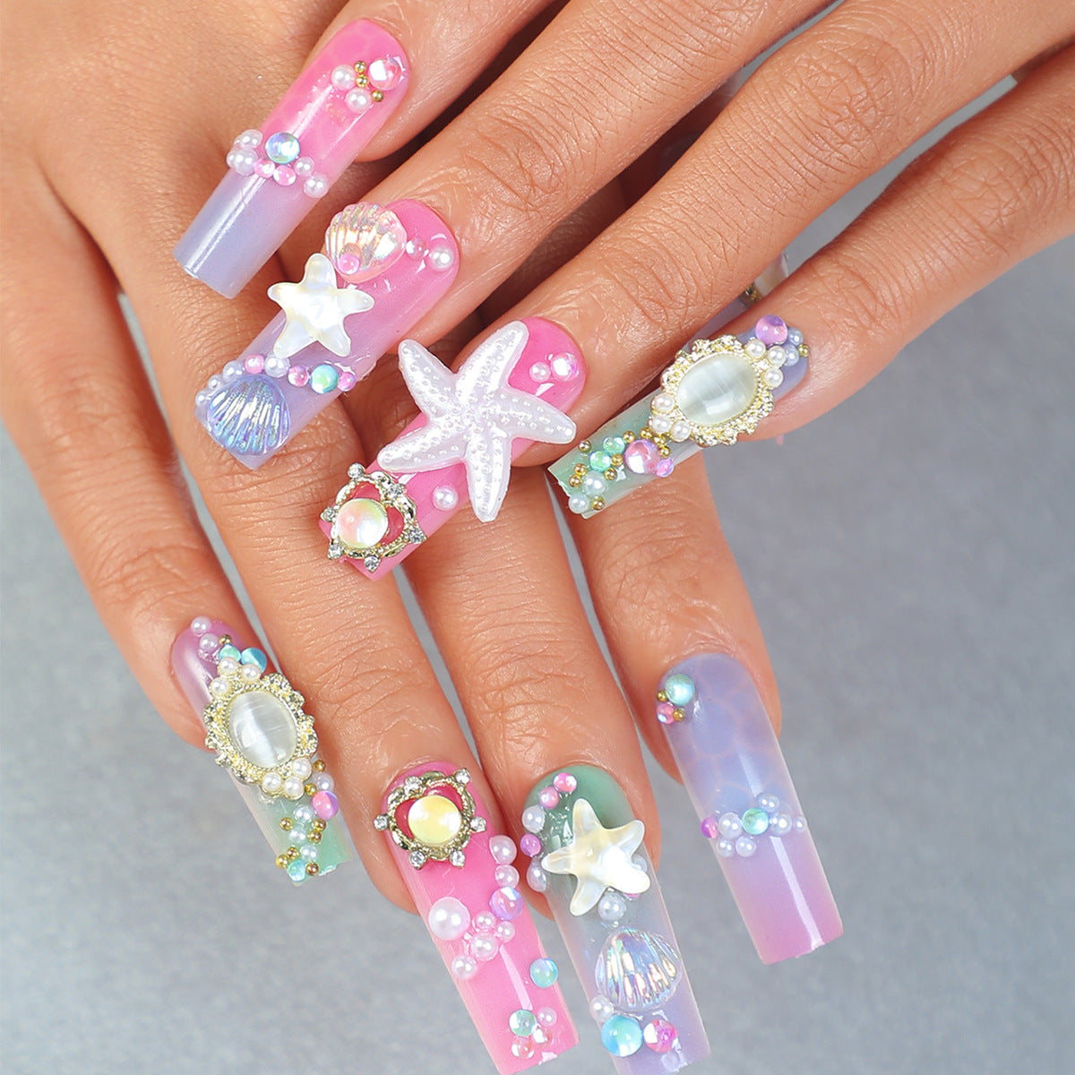 Underwater Theme Starfish Pearl Shell Long Nails