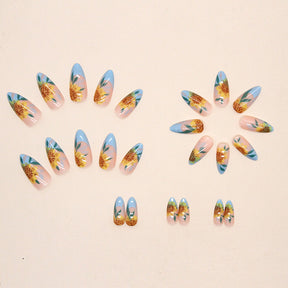 Round Almond Sunflower Fall Nails 24 Pieces