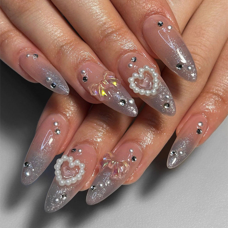 Almond Nail Tips with Crystal Bow, Pearl, and Heart Accents