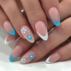 Fresh Blue White Dual-Tone Almond Nails, Cute Flower Design, Ins Style