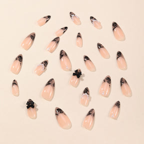 Almond Shape Edgy Black Lace French Pearl Bow Nails