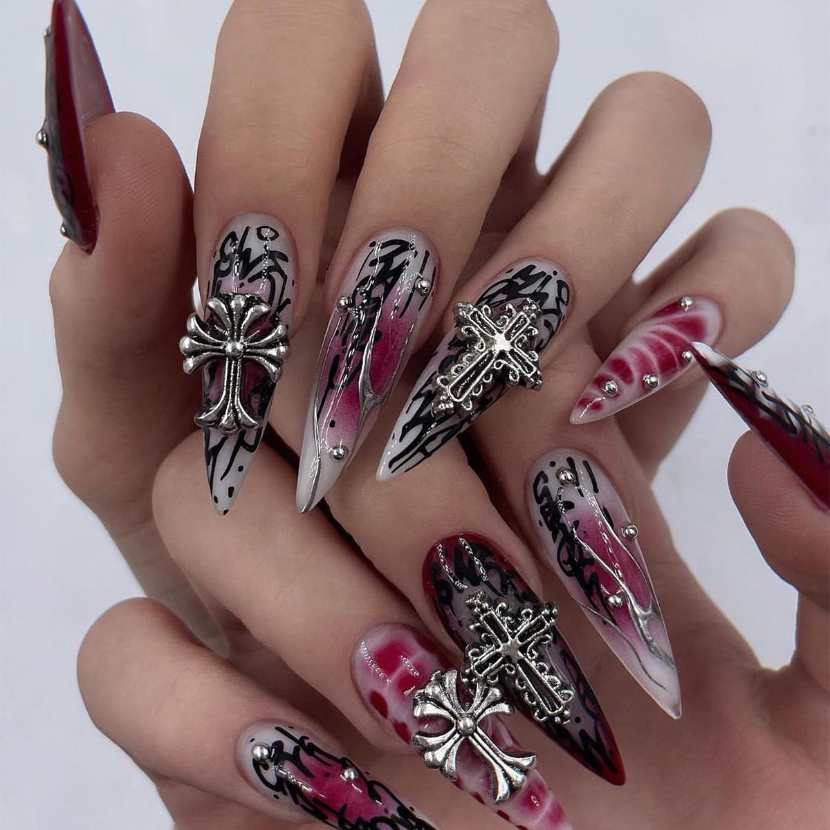 Dark Cross Nails with Silver Ombre, Edgy and Stylish